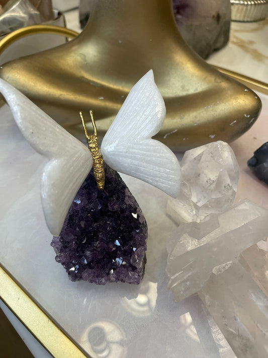 Amethyst Cut Base with Calcite Butterfly Gold Plated